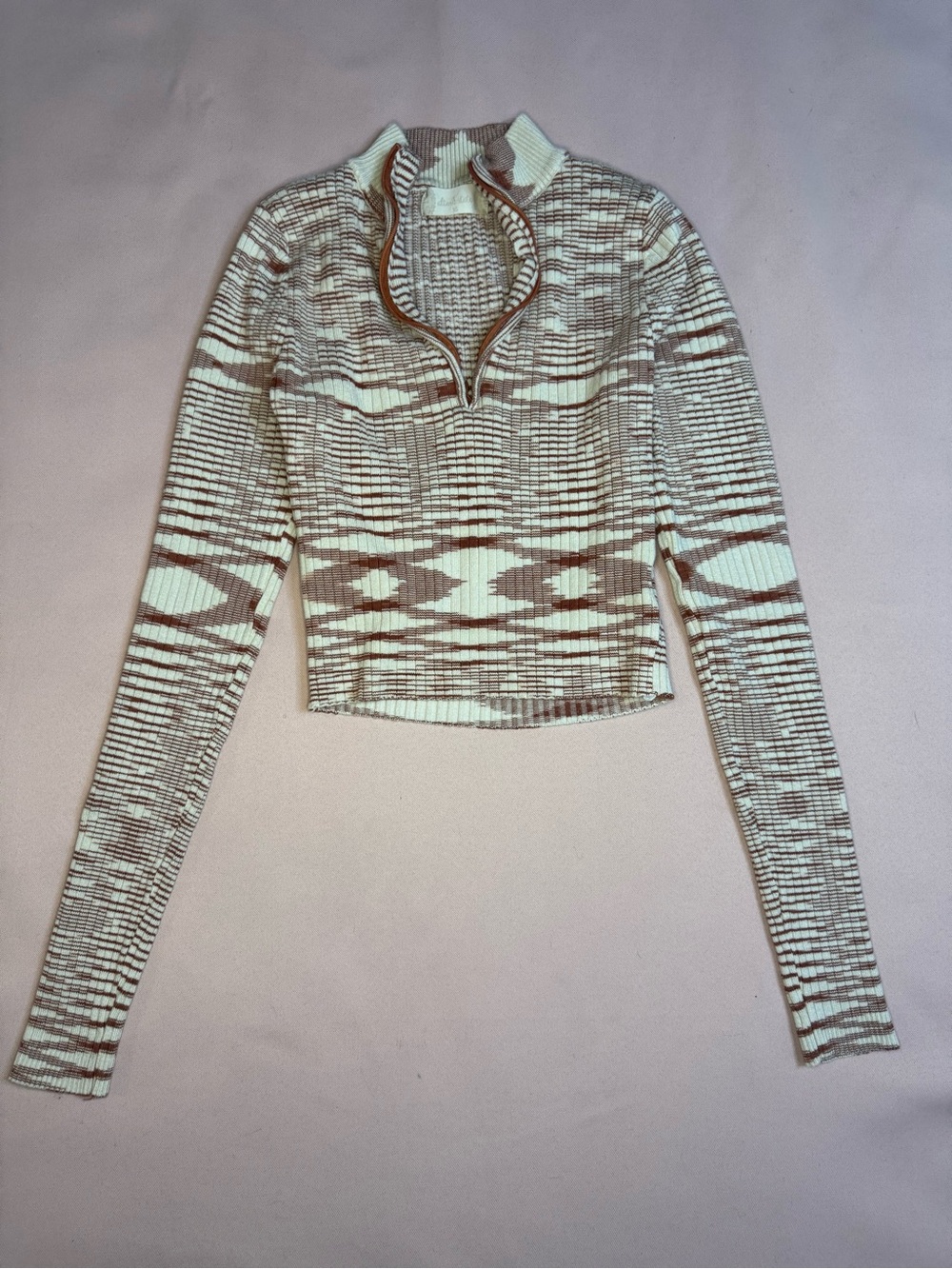 Urban Outfitters - Cropped Long-Sleeve Quarter-Zip Top Cream & Coral - Size XS